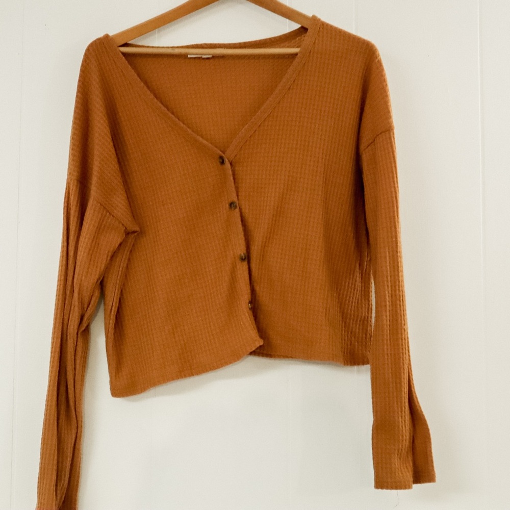 Caution To The Wind Terracotta Waffle Knit Cardigan
